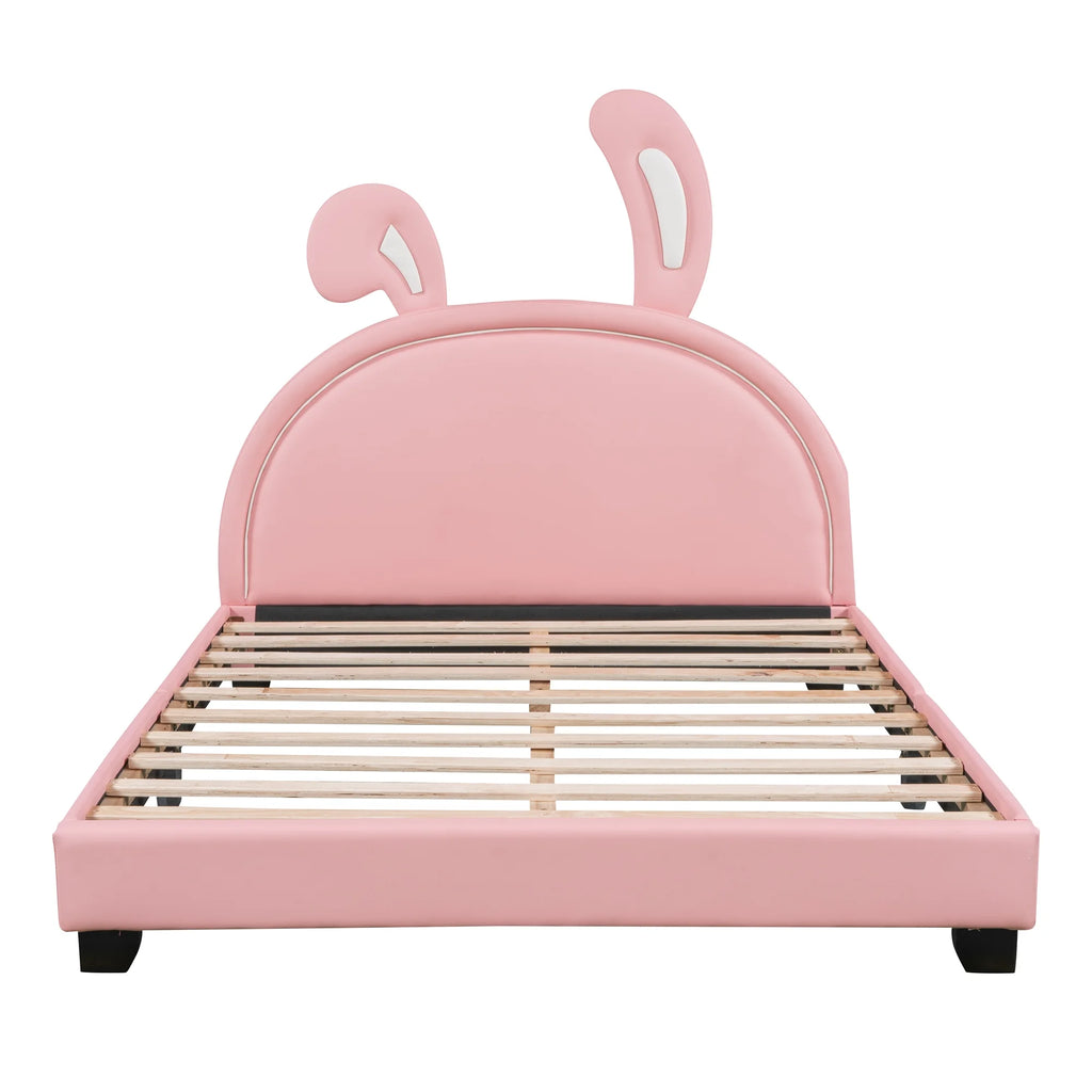 Euroco Upholstered Full Size Platform Bed, PU Cartoon Bunny Bed for Kids, Gray