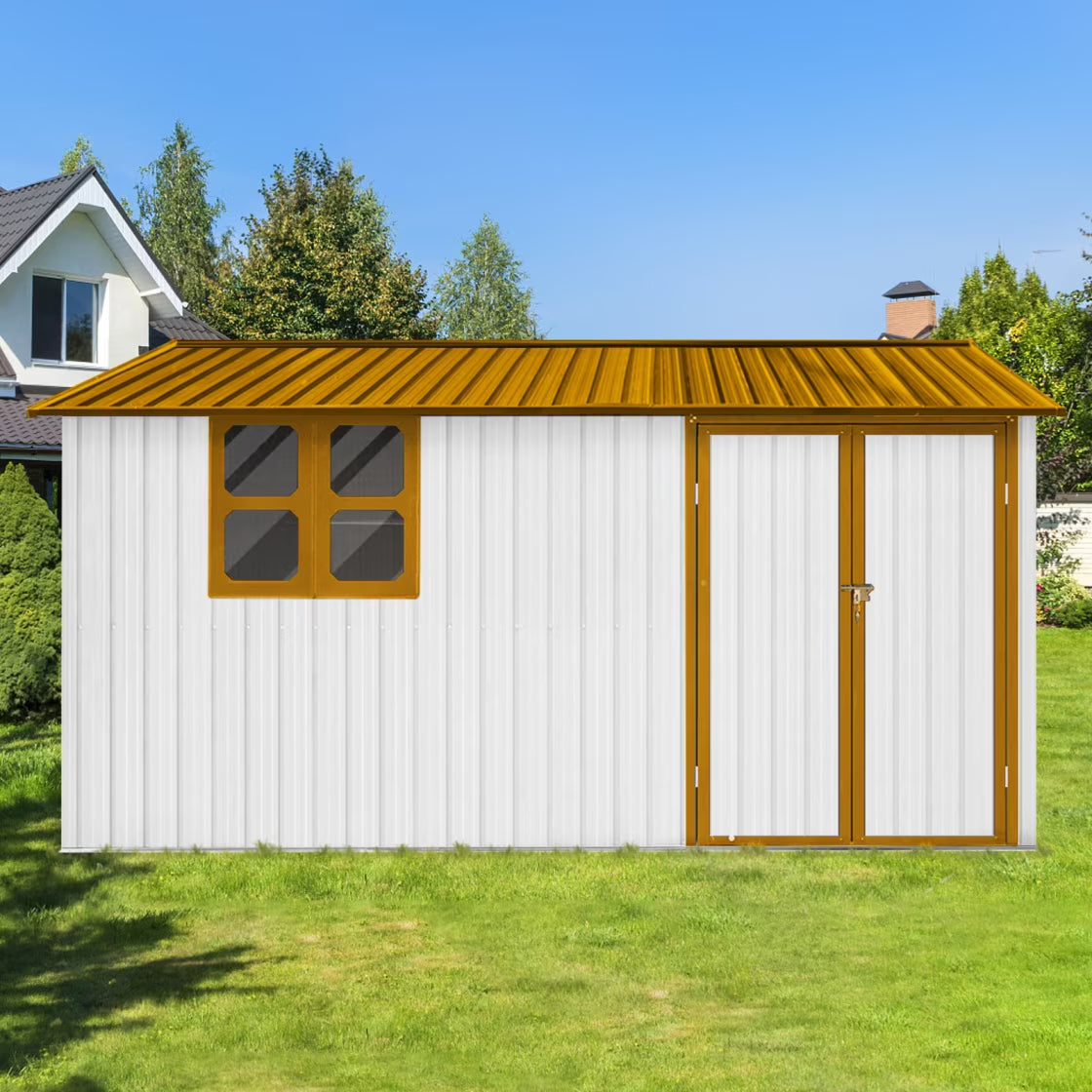 10x12 FT Outdoor Storage Shed, Metal Garden Tool Shed with Vents, Window and Bulit-in Hooks, Waterproof  Organization for Home/Backyard/Garden Tools/Lawn Storage, Yellow+White