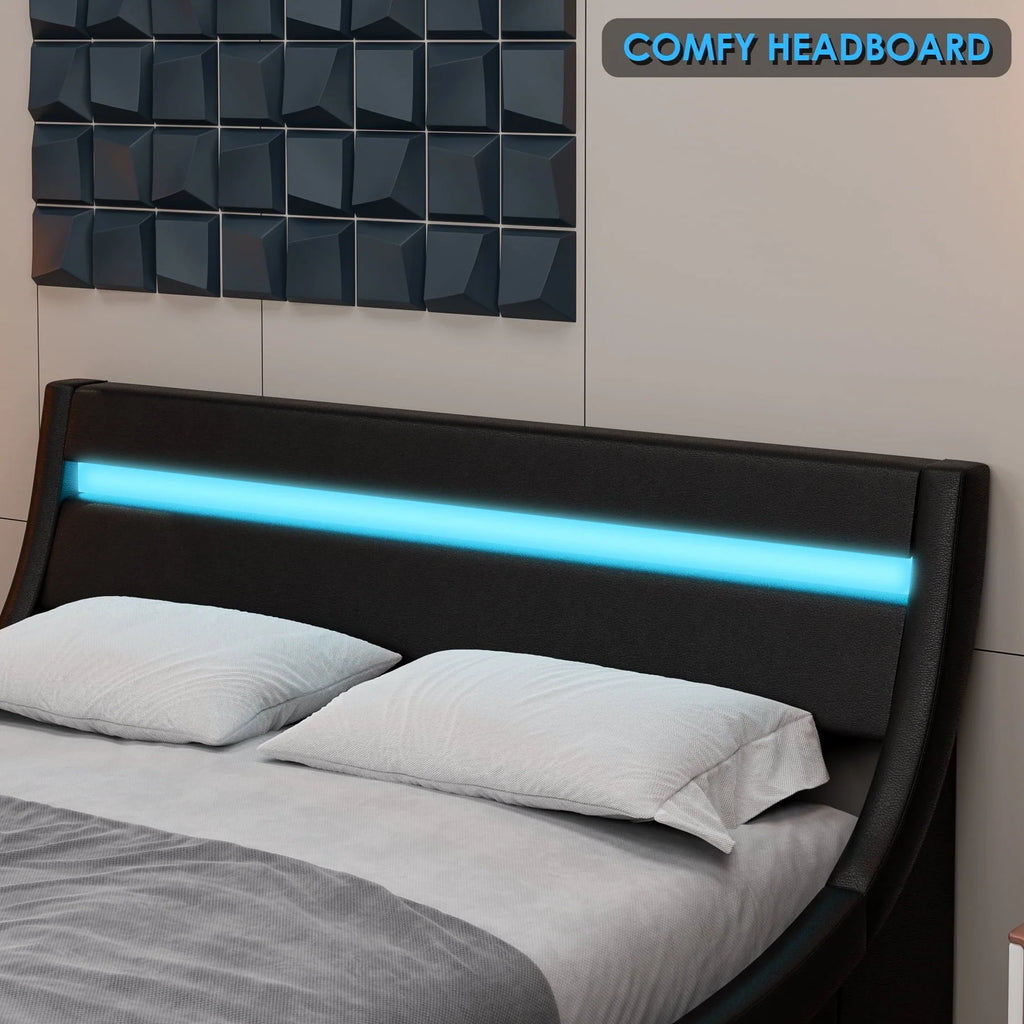 Homfa Full LED Bed, 16 Colors LED Lights Platform Bed Frame with Adjustable Upholstered Headboard, Black