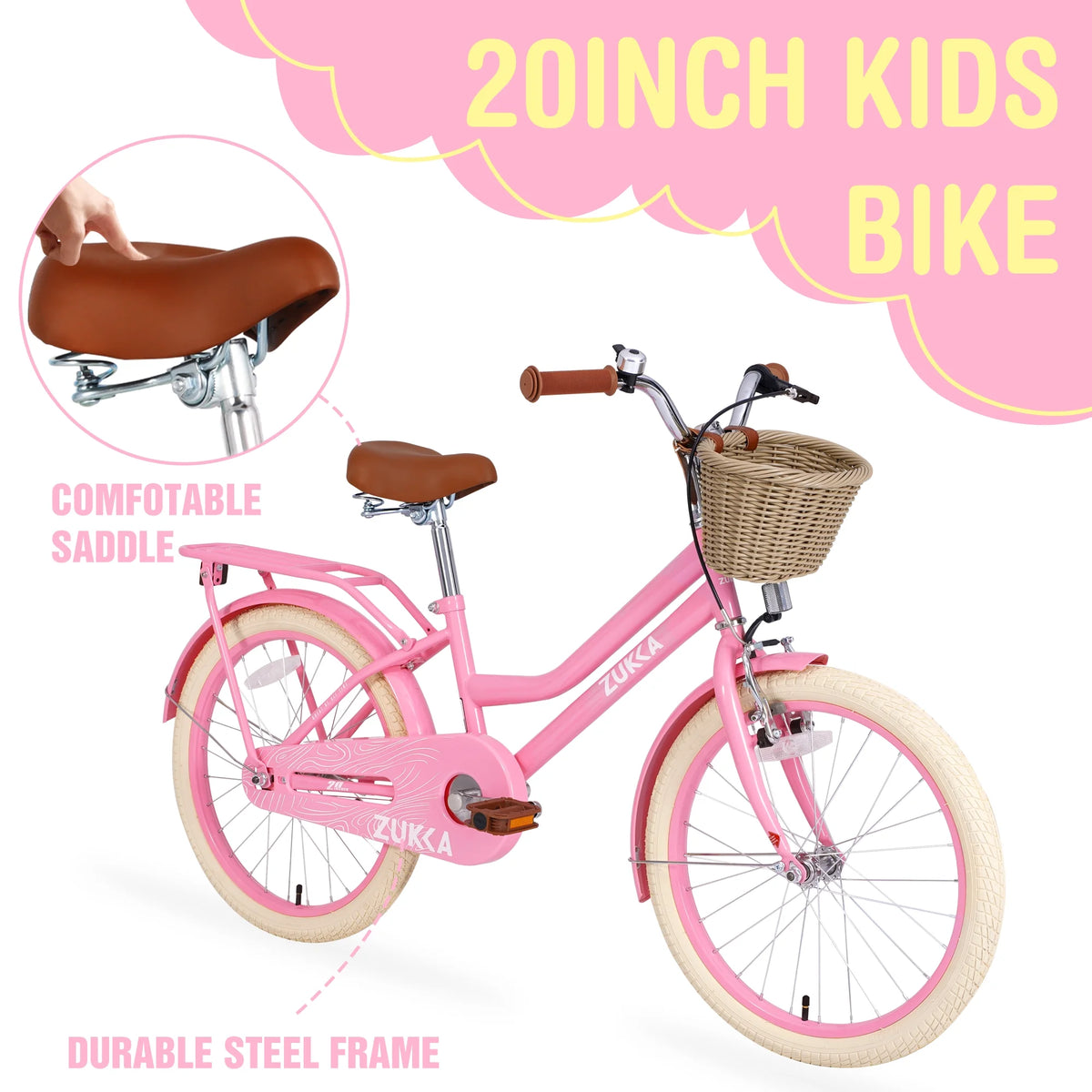 20" Kids Bike Girls Bike with Basket Single Speed Steel Frame Children Bicycle for 7-10 Years, Pink