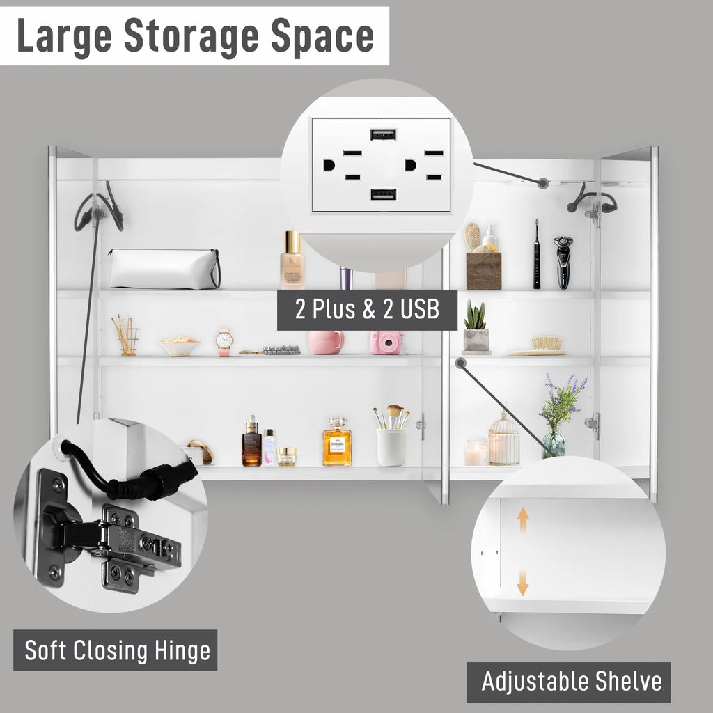 Ktaxon 48"x28" LED Bathroom Mirror Cabinet with Lights, Wall-Mounted Medicine w/ Defogger, Dimmable, Memory function, Outlets & USB, White