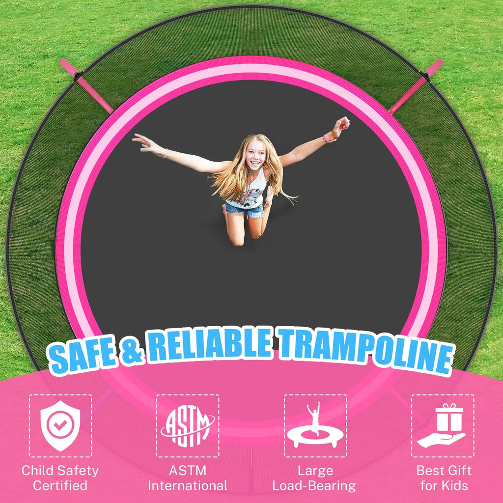 Trampoline Outdoor, 14FT Kids Trampoline with Enclosure Net and Ladder, Upgrade All-Weather Round Trampoline Curved Design with 5 Heavy-Duty Steel Legs