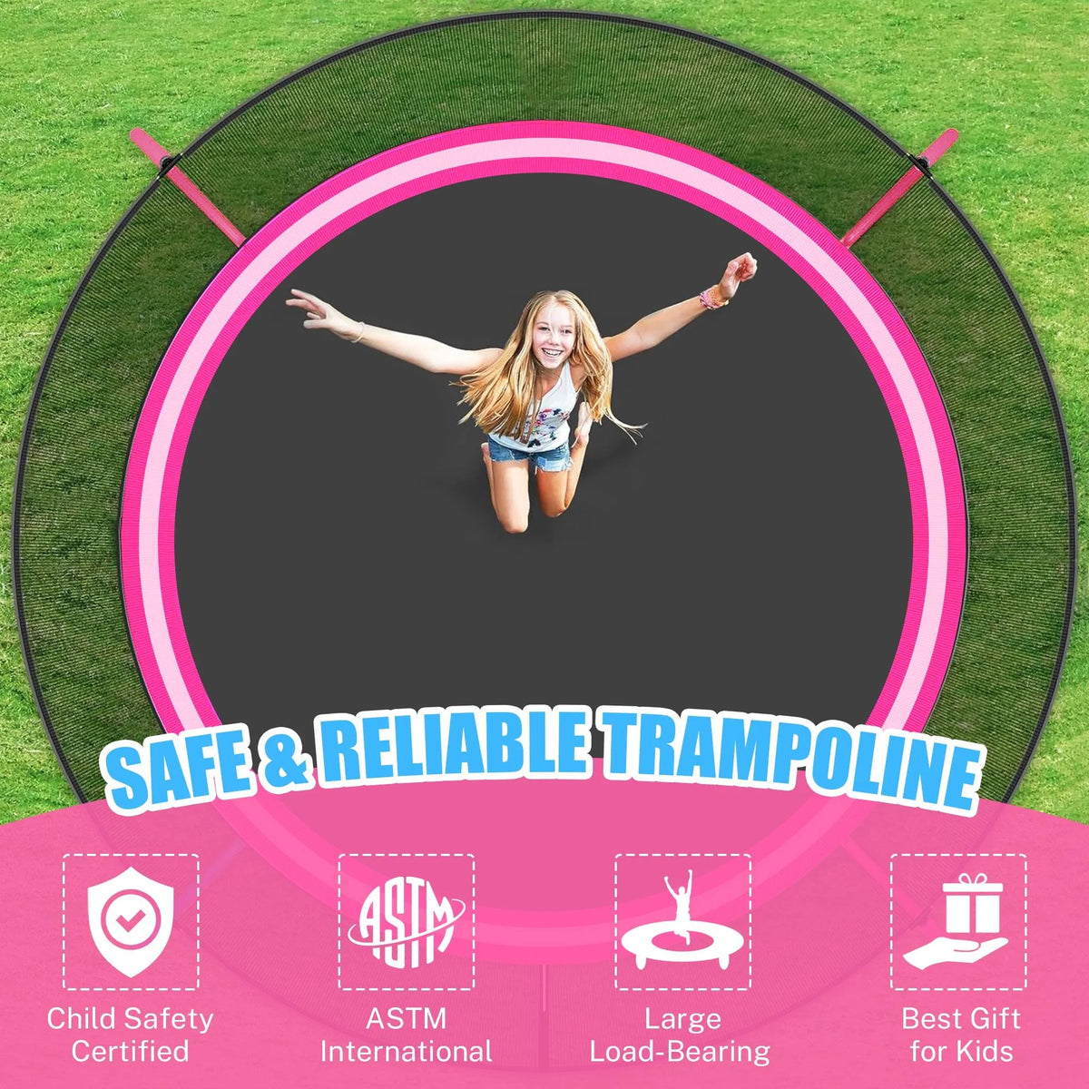 Trampoline Outdoor, 14FT Kids Trampoline with Enclosure Net and Ladder, Upgrade All-Weather Round Trampoline Curved Design with 5 Heavy-Duty Steel Legs