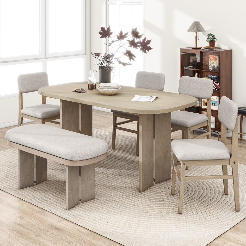 EUROCO 6-Piece Dining Table Set for 6, Rectangular Kitchen Table Set with Wood Frame, 4 Chairs and 1 Bench for Kitchen Dining Room Office,Natural