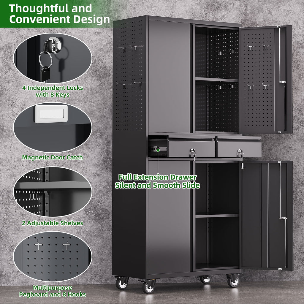 GangMei 71 Inches Tall Metal Garage Storage Cabinets with 5 Adjustable Shelves & Pegboards, Lockable Steel Black Storage Cabinet with Doors for Office, Home, School, Shops, Garage, Assembly required