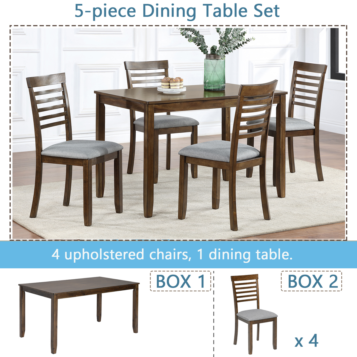 Sesslife 5 Piece Dining Set with One Rectangle Table and 4 Upholstered Chairs for 4 Persons, Dining Room Table Set for Small Place(Table+4 Chairs)