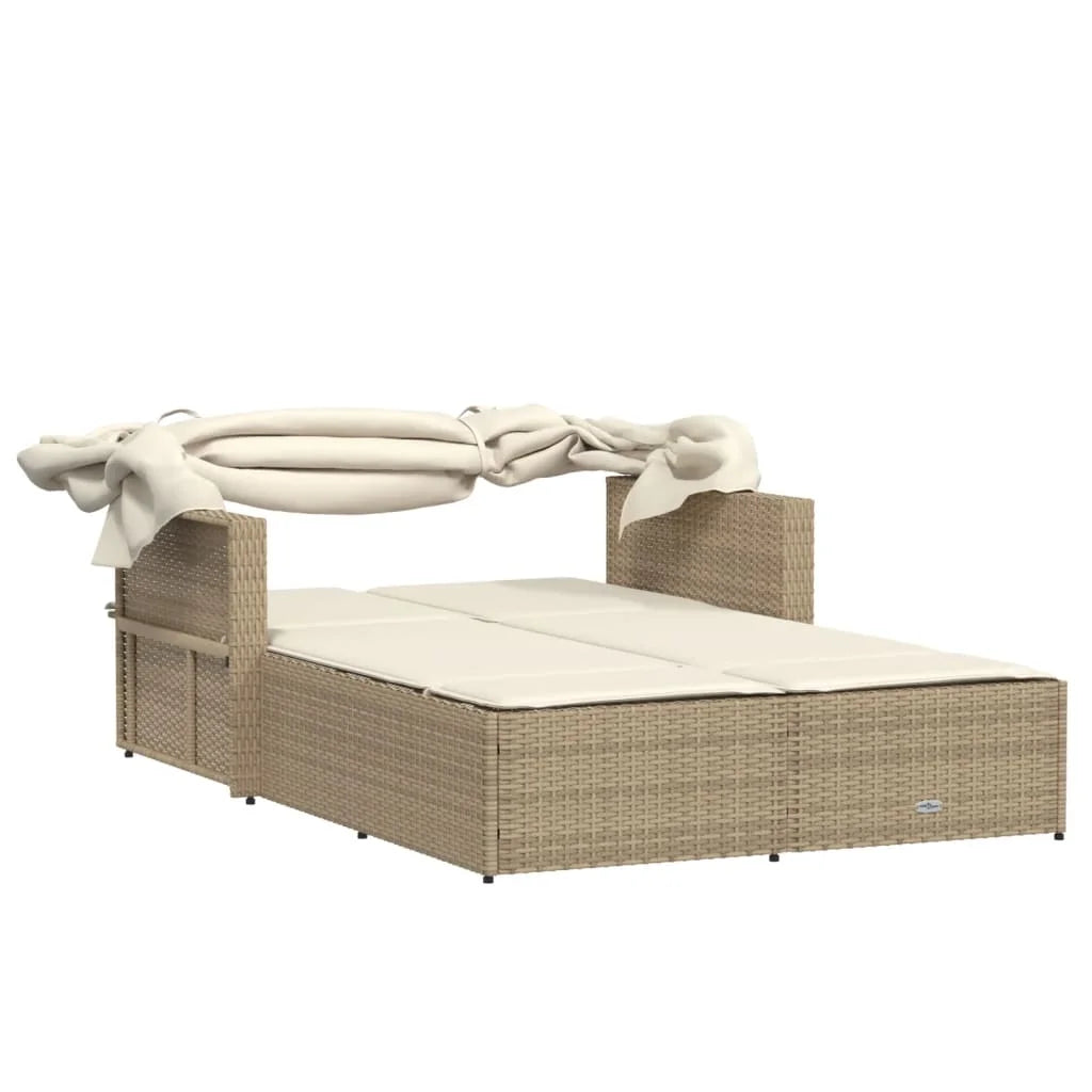 vidaXL Powder Coated Steel Removable Canopy and Cushions Double Sun Lounger, Beige