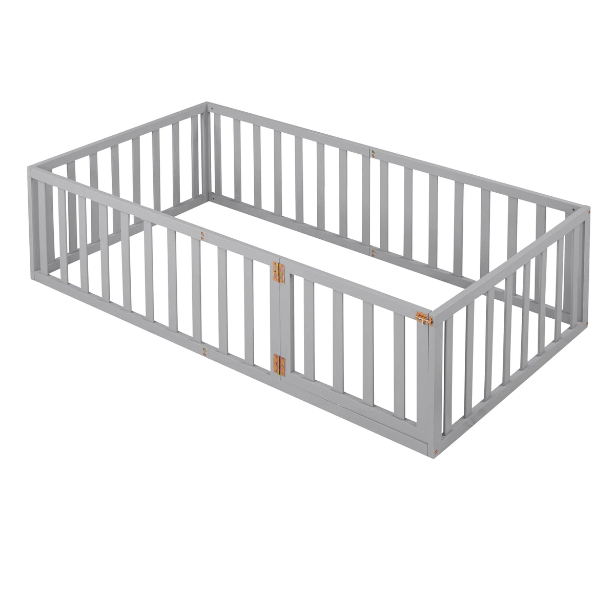 Wood Floor Bed with Fence and Door for Kids, Twin, Gray