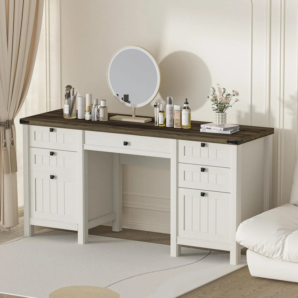 FIAKOA 45"Executive Desk, Modern Farmhouse Computer Desk with Drawers & Cabinet, White Home Office Desk Writing Workspace for Work Study