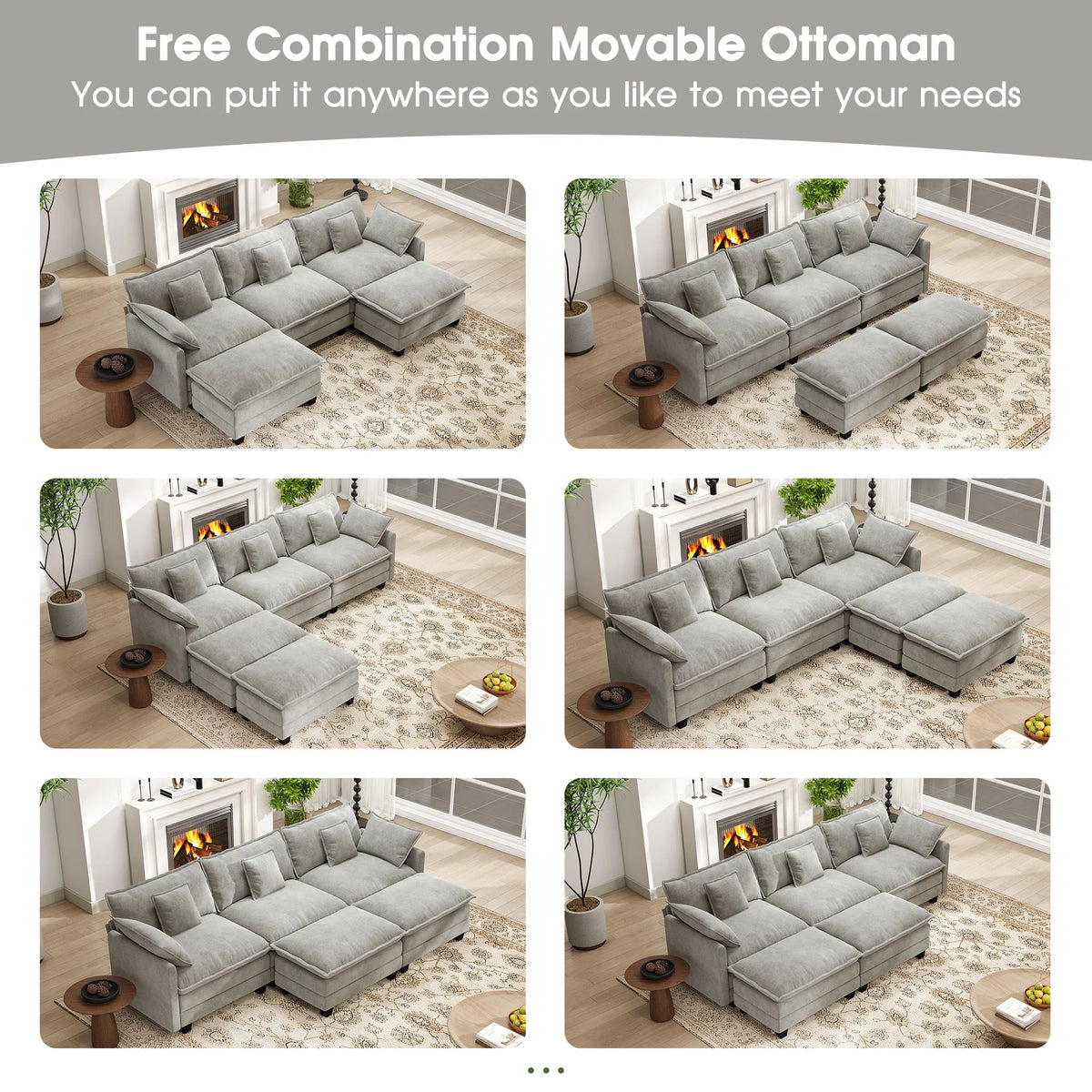 BedLuxury 111.5'' Modular Sectional Sofa with Movable Ottomans, U Shaped Cloud Couch for Living Room, 3-Seat, Grey