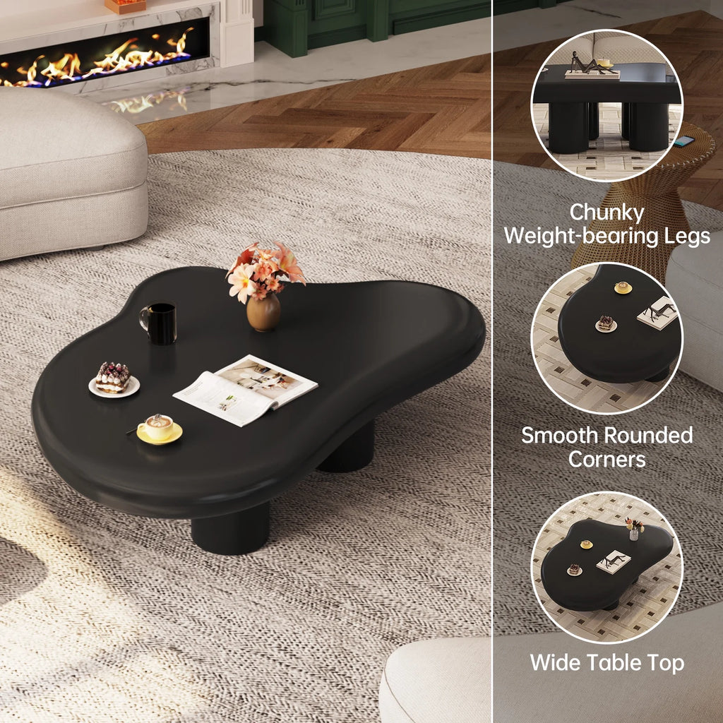 Guyii Cream White Coffee Table with 4 Legs, Irregular Side Table, Modern Wood Tea Table for Living Room, Apartment, Office