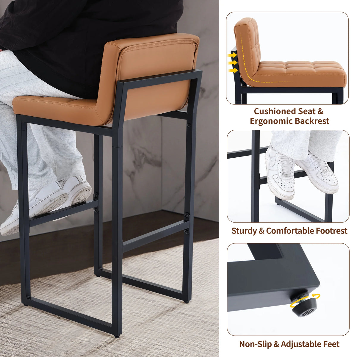 FIRAVOE Bar Stools Set of 3, Counter Height Bar Stools (Low Back)(Thickened Frame) 26" PU Leather Barstools Bar Chairs for Kitchen Island, Black