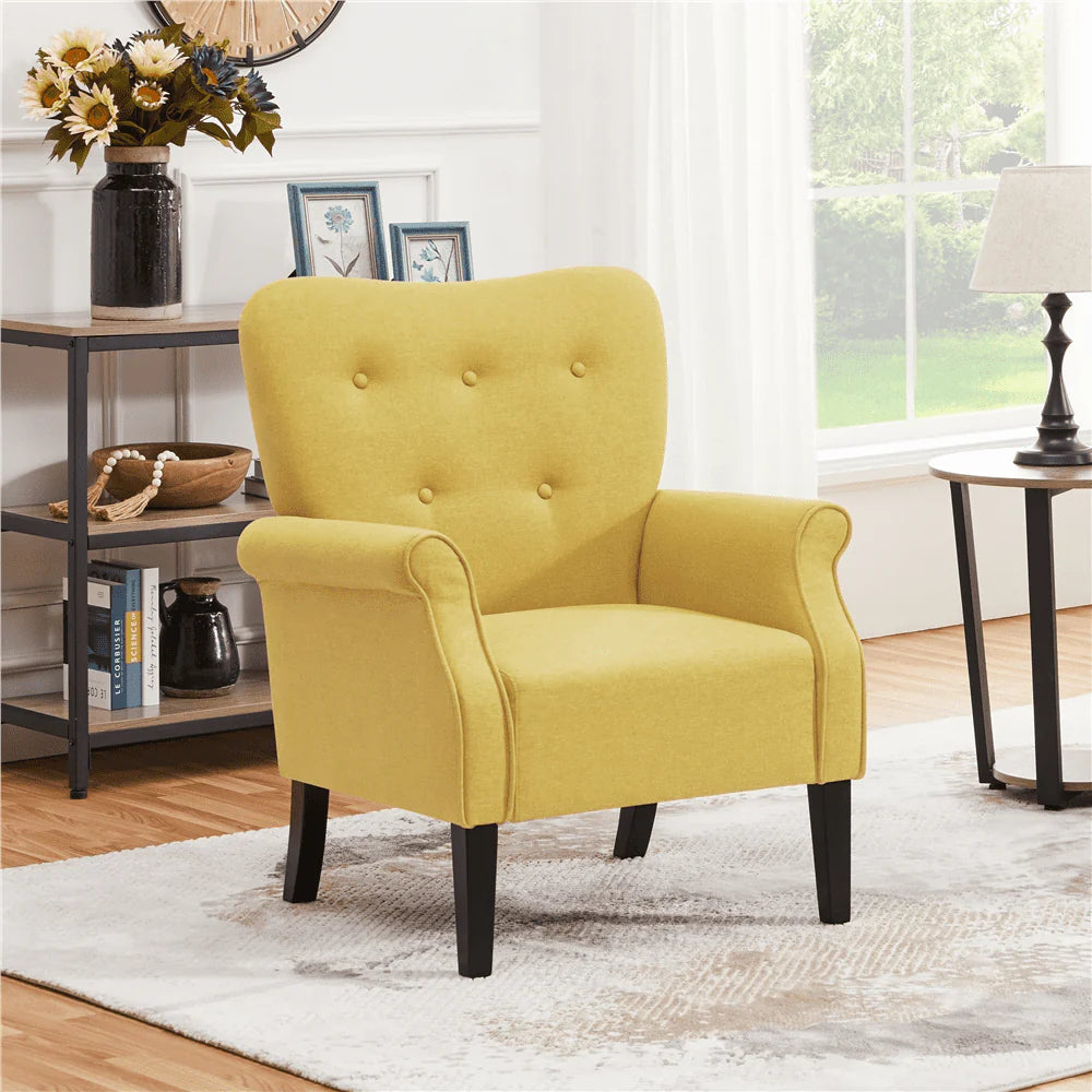 SMILE MART Mid-century Upholstered Fabric Accent Armchair for Living Room with Wooden Leg, Yellow