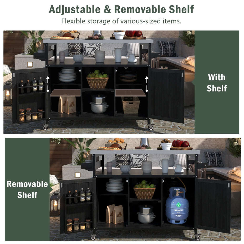 Outdoor Kitchen Island, Rolling Bar Cart & Storage Cabinet, Farmhouse Solid Wood Outdoor Grill Table with Stainless Steel Top, Spice Rack , Towel Rack for Kitchen & BBQ , Natural