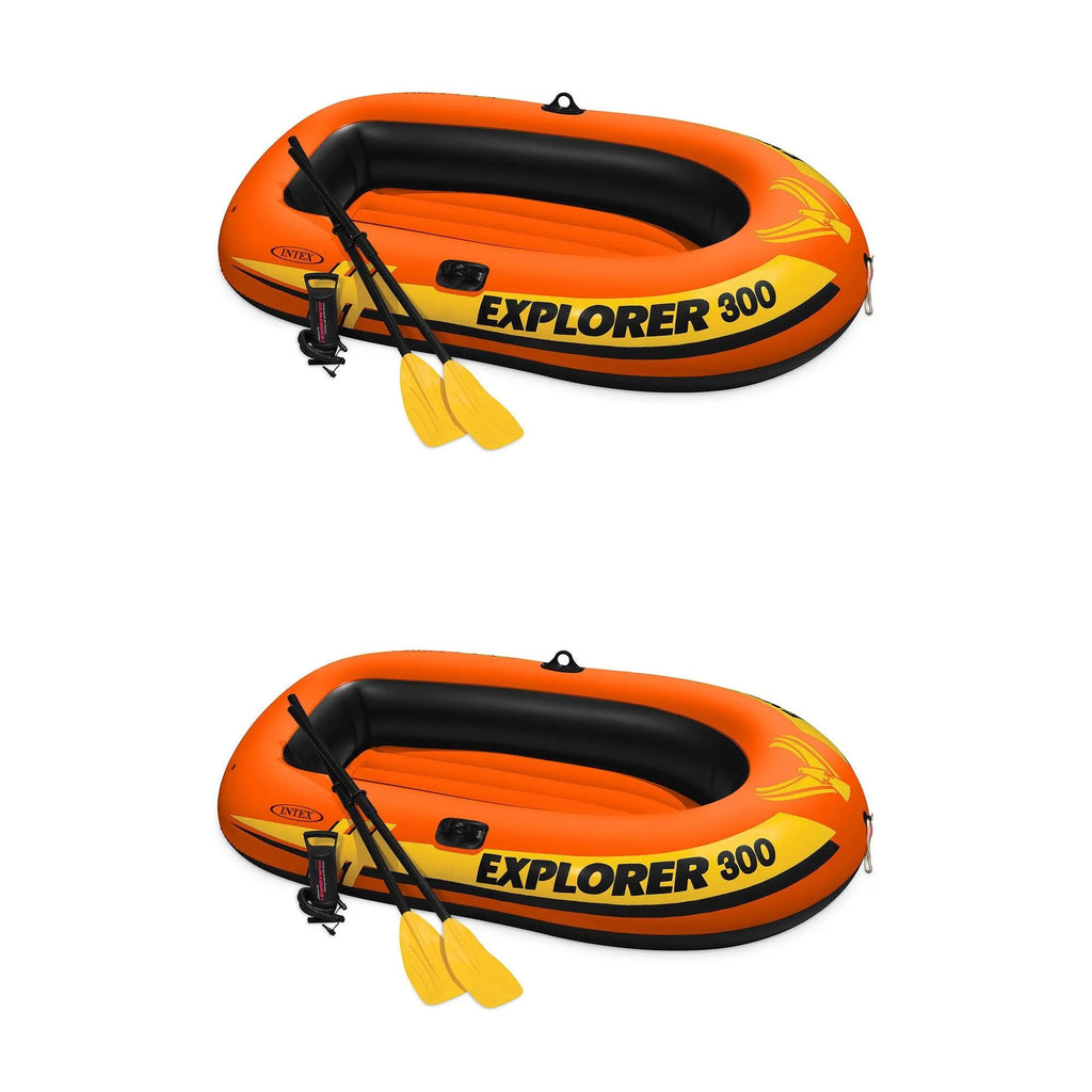 Intex Explorer 300 Compact Fishing 3 Person Raft Boat w/ Pump & Oars (2 Pack)