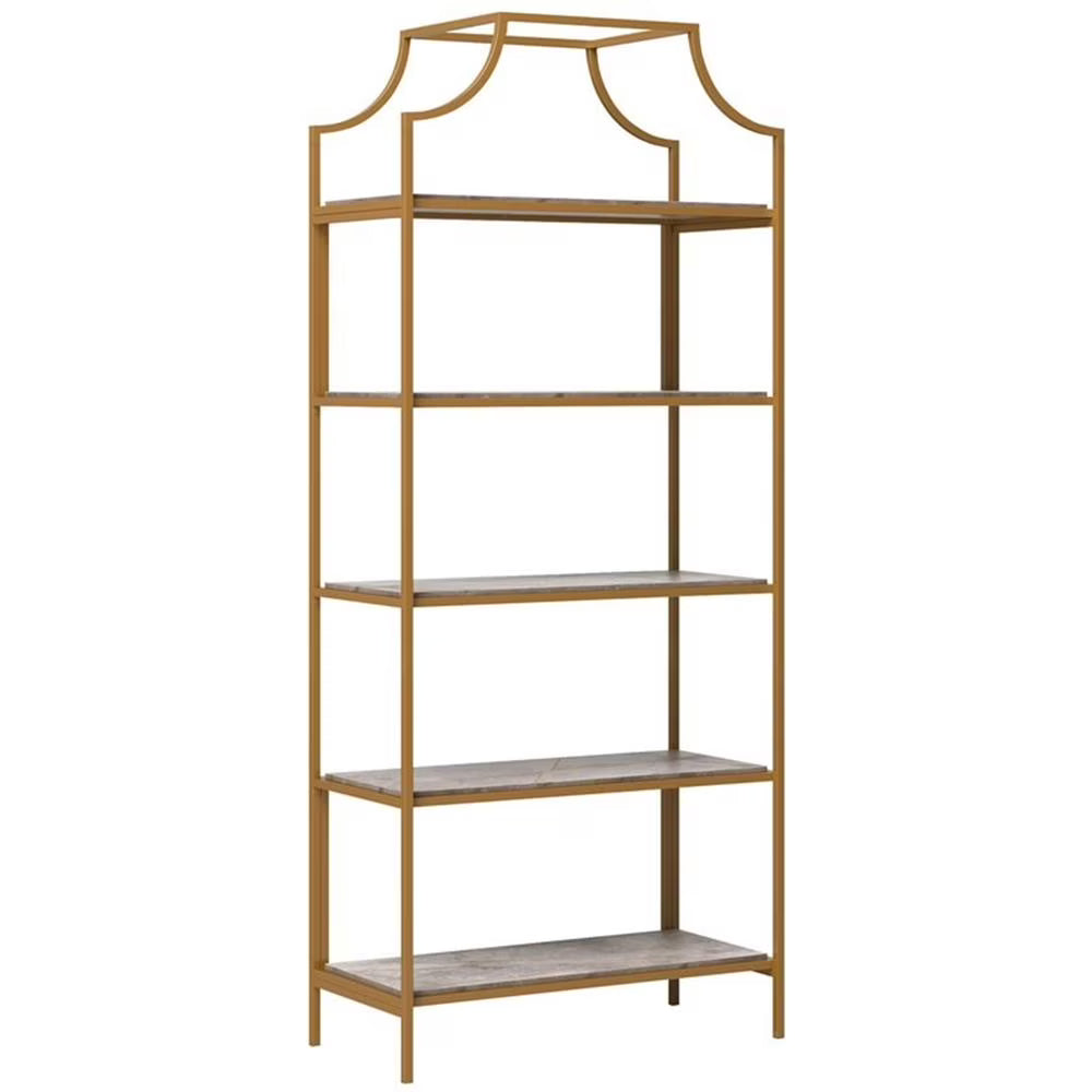 Pemberly Row 5-Shelf Modern Metal Bookcase in Gold Satin/Faux Deco Stone