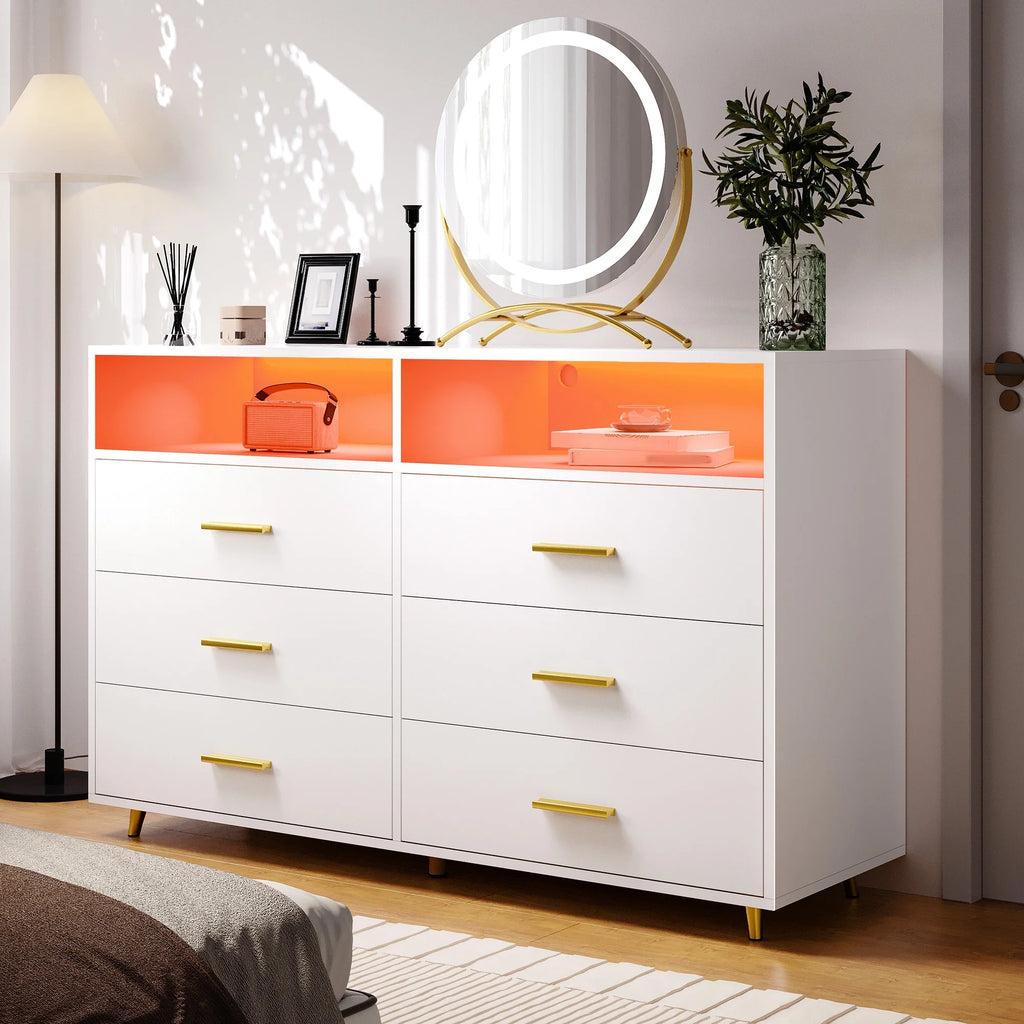 EnHomee Dresser with LED Lights Drawer Dresser with 6 Deep Drawers Wood Dresser for Bedroom TV Stand Dressers & Chests of Drawers Wide Led Dressers,Black