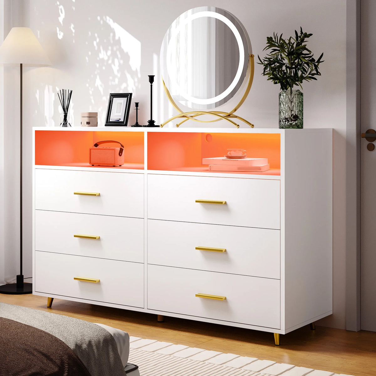 EnHomee Dresser with LED Lights Drawer Dresser with 6 Deep Drawers Wood Dresser for Bedroom TV Stand Dressers & Chests of Drawers Wide Led Dressers,Black