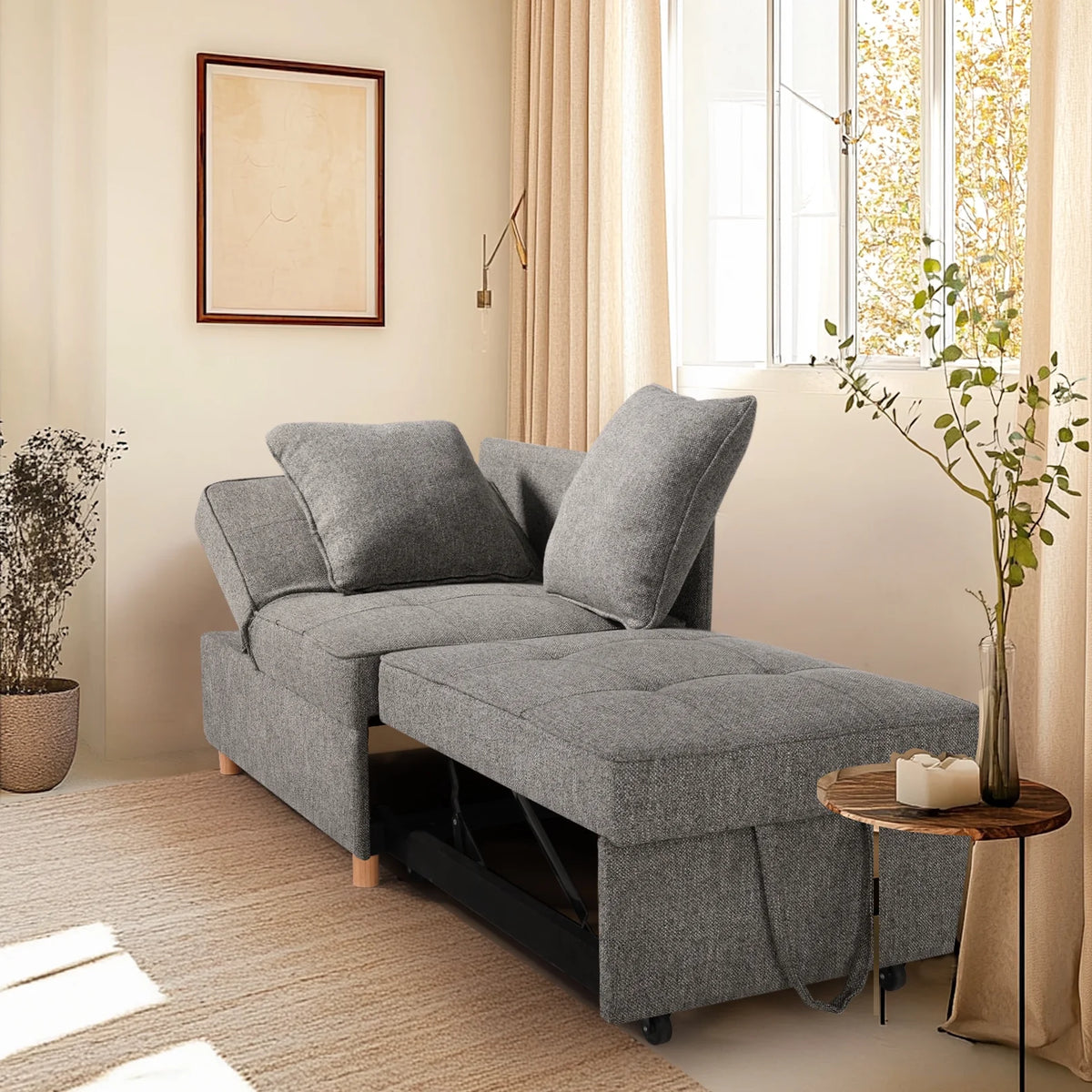 SEJOV 4-in-1 Convertible Sleeper Chair Bed, Linen Sofa Bed for Small Space, Futon Sofa with 2 Throw Pillows for Living Room, Single Recliner with 5 Adjustable Backrest for Bedroom Apartment, Brown