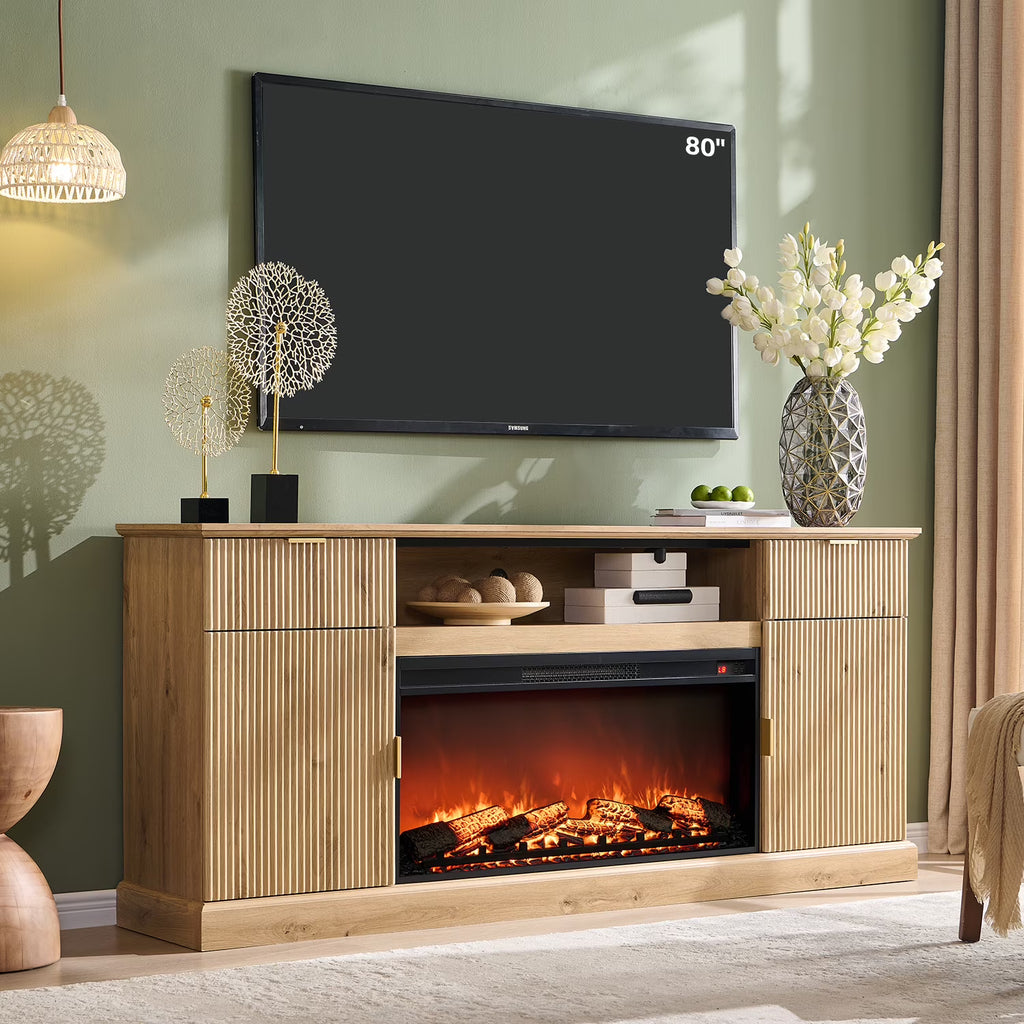 SinCiDo Fluted Fireplace TV Stand for 80 inch, Entertainment Center with 36" Electric Fireplace, 2 Drawers and Adjustable Shelves, Wood TV Stand for Living Room