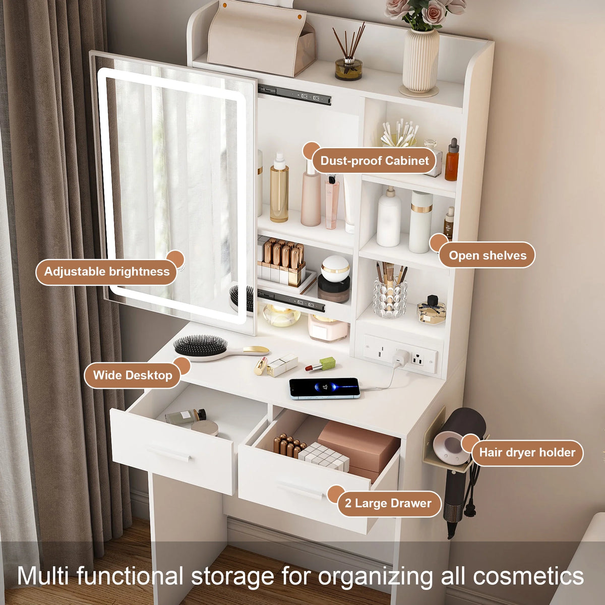 Small White Makeup Vanity Desk with Mirror and Adjustable LED Lights, Built-in Power Outlet and Hidden Storage