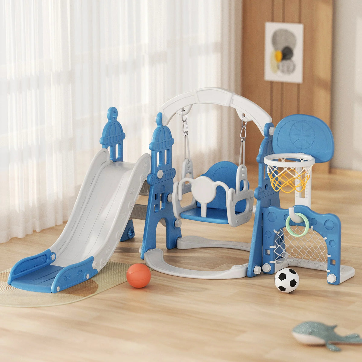 KORIMEFA 6-in-1 Kids Slide and Swing Set - Perfect for Toddlers 1-6 Years - Indoor and Outdoor Playground Slide, Swing, Basketball Hoop, and Climber Toy