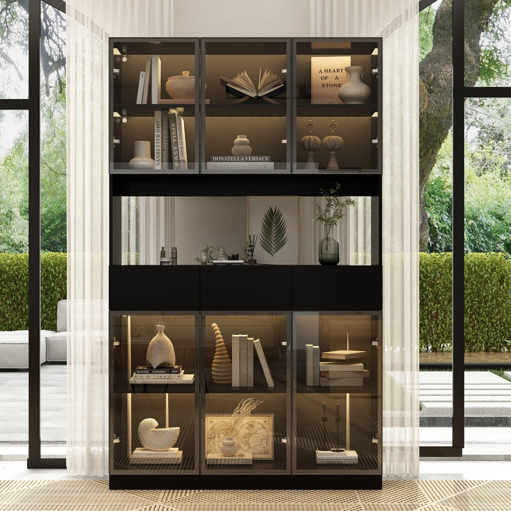 KULAGAGA Bookcases Organizer with LED Lights, Heavy Duty Display Cabinet with Glass Door for Living Room, 31.5" Wide