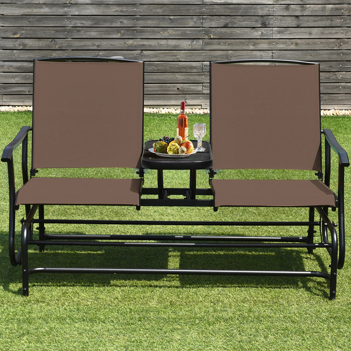 Gymax Patio 2-Person Glider Rocking Char Loveseat Garden w/ Tempered Glass Table Brown
