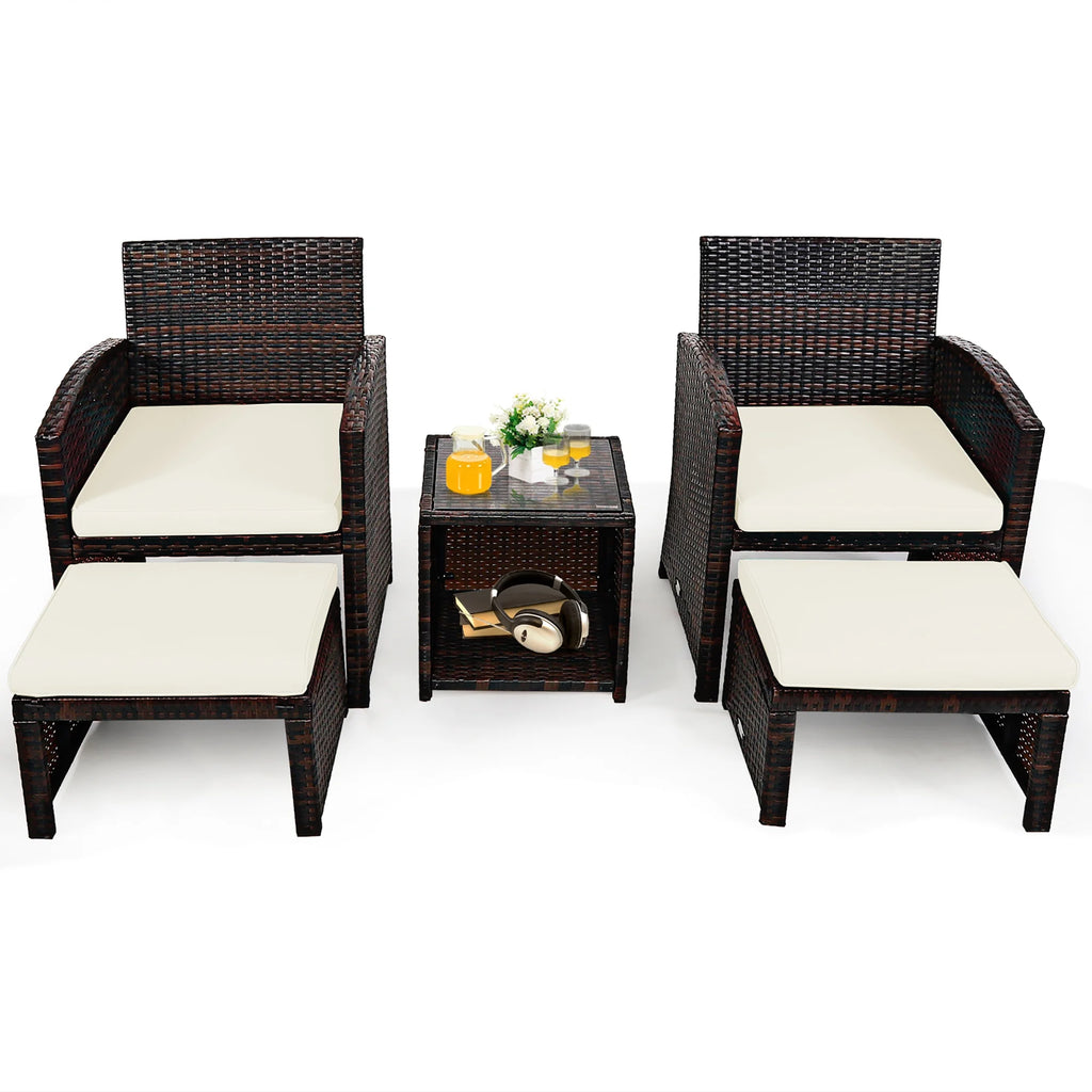 Costway 5PCS Patio Rattan Wicker Furniture Set Sofa Ottoman W/ Cushions White