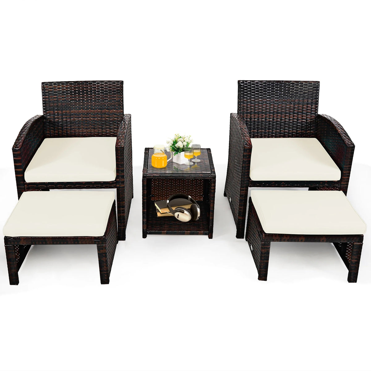 Costway 5PCS Patio Rattan Wicker Furniture Set Sofa Ottoman W/ Cushions White