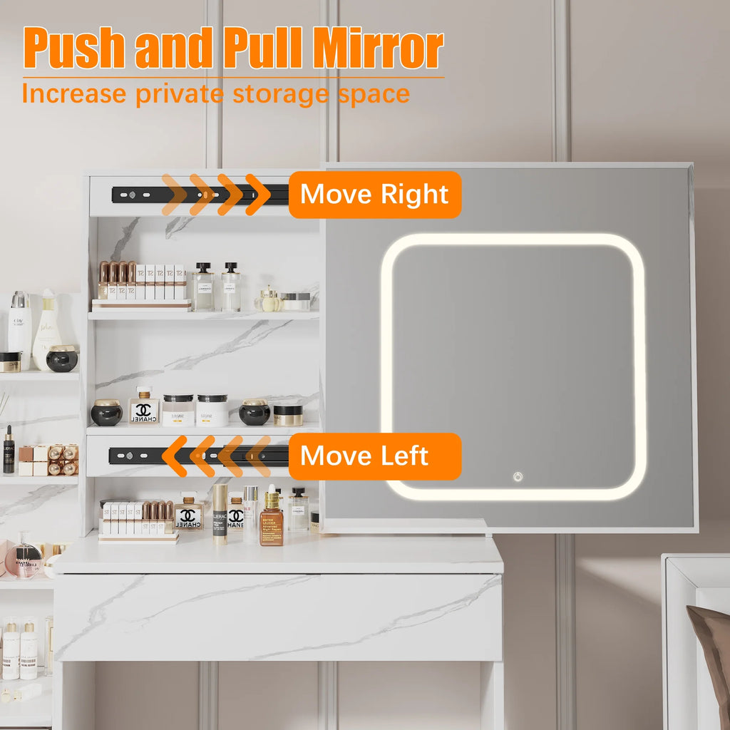 Vanity Desk with Sliding Mirror and Lights, Makeup Vanity Set with 4 Drawers, Stool, Power Outlet, Open Shelves, 3 Color Adjustable Lighting Modes, Makeup Dressing Table for Bedroom, White