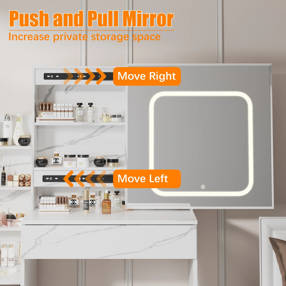 Vanity Desk with Sliding Mirror and Lights, Makeup Vanity Set with 4 Drawers, Stool, Power Outlet, Open Shelves, 3 Color Adjustable Lighting Modes, Makeup Dressing Table for Bedroom, White