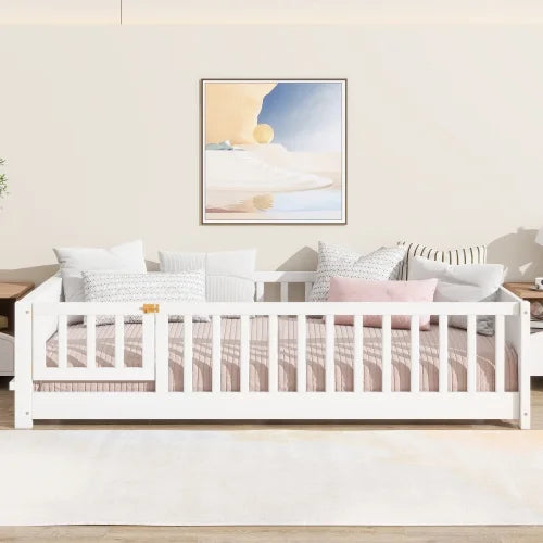 Bellemave Twin Size Floor Bed with Fence, Montessori Floor Twin Bed with Built-in Book Rack, Solid Wood Twin Bed with Slats and Safety Guardrails, Natural