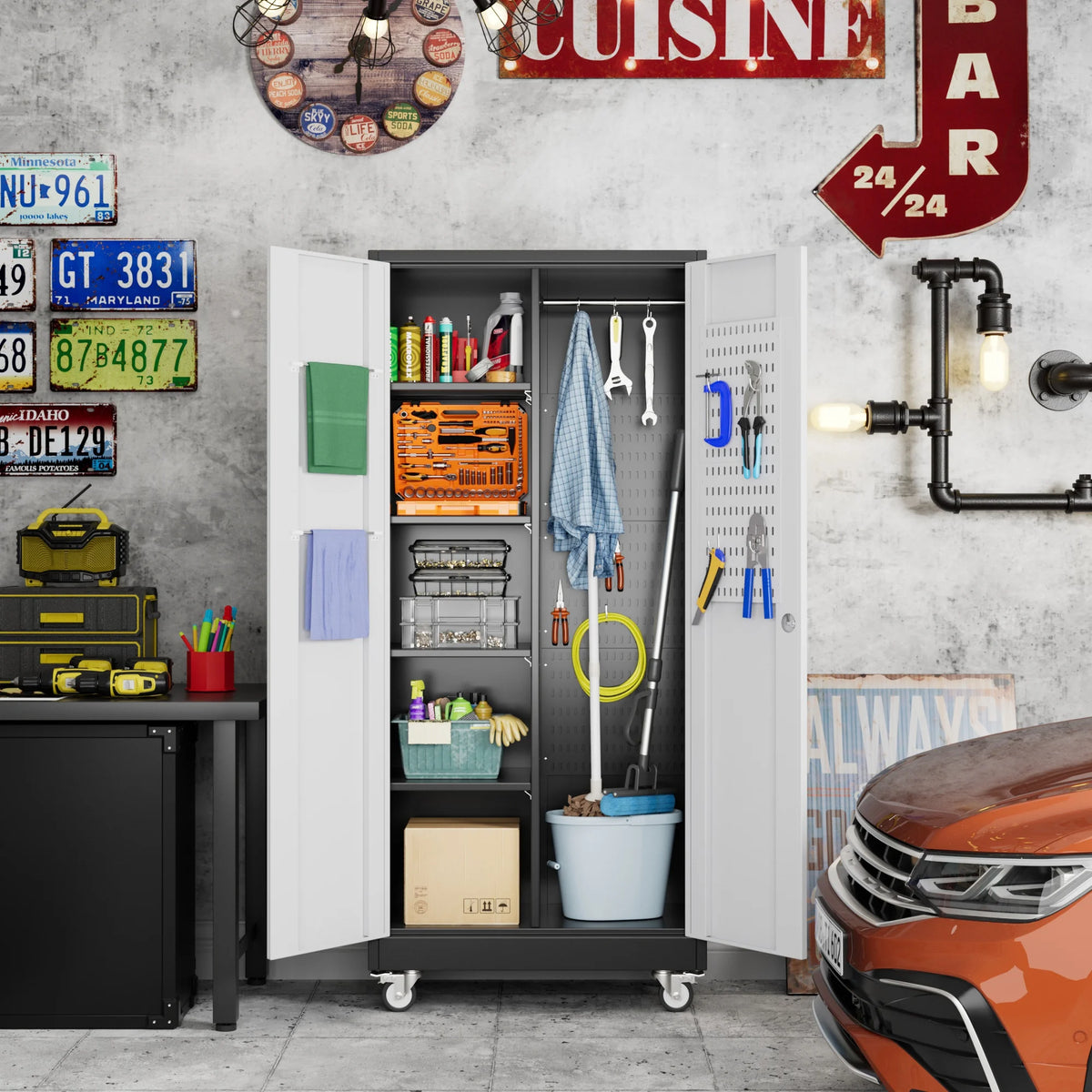 GangMei 71 Inches Tall Metal Garage Storage Cabinets with 5 Adjustable Shelves & Pegboards, Lockable Steel Black Storage Cabinet with Doors for Office, Home, School, Shops, Garage, Assembly required