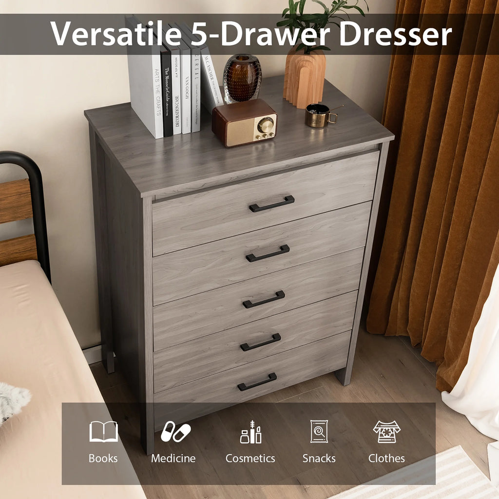 Costway Modern 5 Drawer Chest Storage Dresser Cabinet with Metal Handles Gray Oak