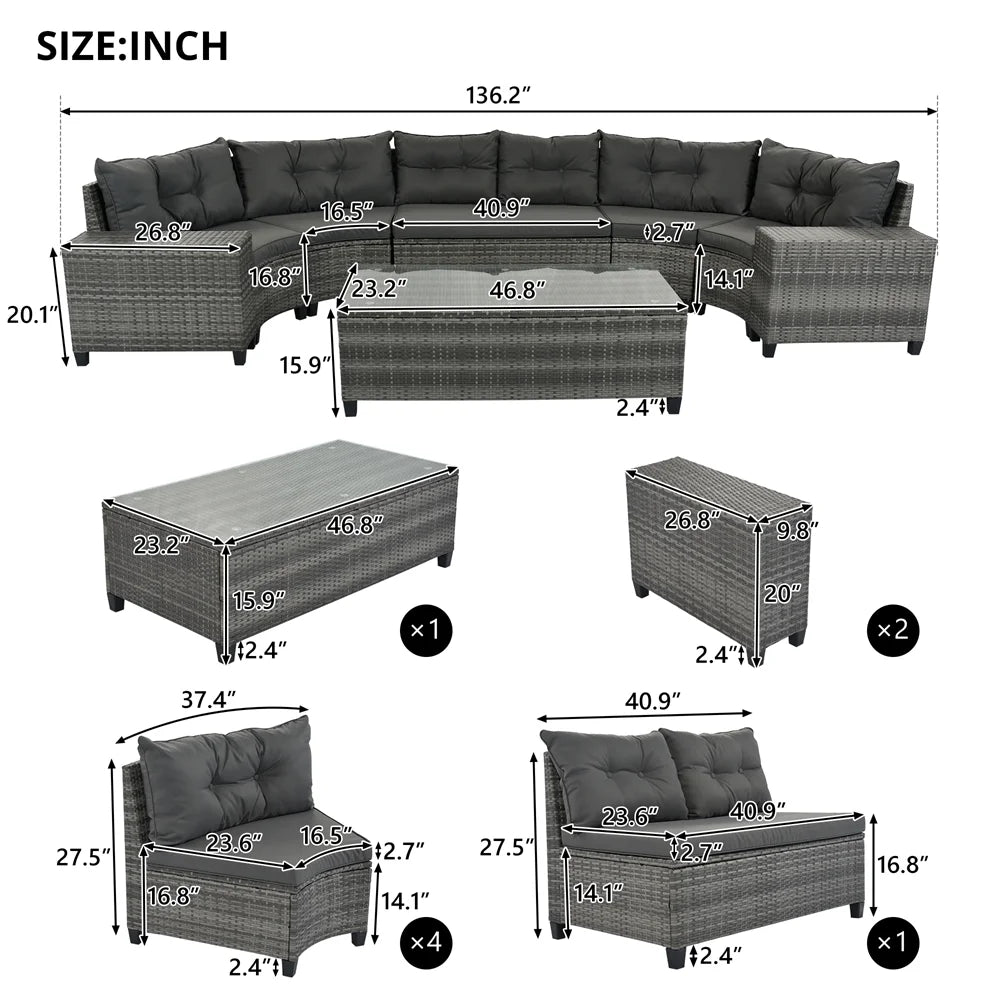 8 Pieces Outdoor Wicker Round Furniture Set, All Weather Half-Moon Sectional Patio Sofa Sets with Rectangular Coffee Table, Beige