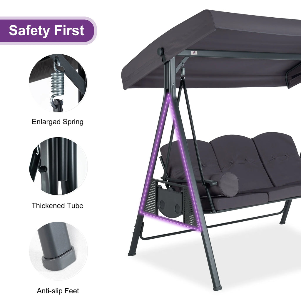 PURPLE LEAF 3-Seat Deluxe Outdoor Patio Porch Swing with Weather Resistant Steel Frame, Adjustable Tilt Canopy, Cushions and Pillow Included, Terra