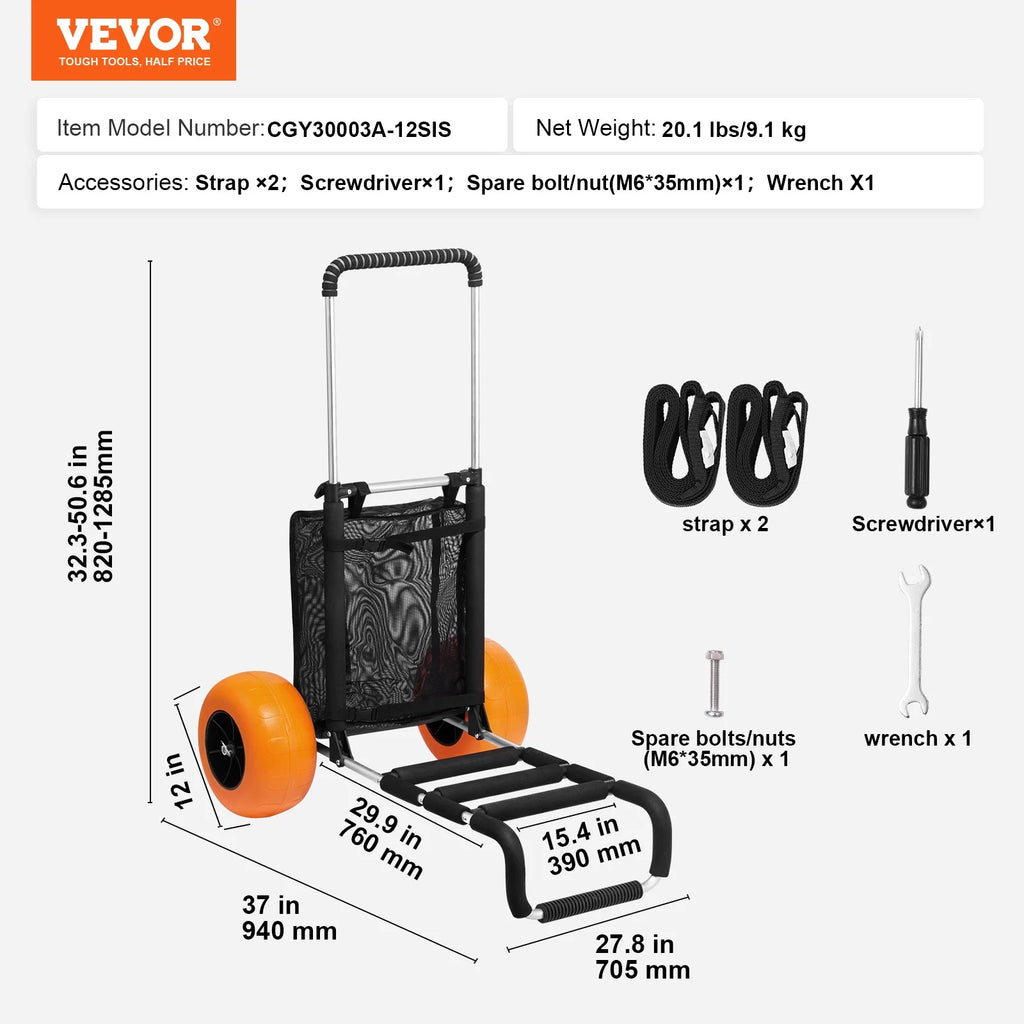 VEVOR Beach Dolly with Big Wheels for Sand, 29.9" x 15.4" Cargo Deck, w/ 12" Solid Wheels, 165LBS Loading Capacity Folding Sand Cart & 27" to 44.7" Adjustable Height, Heavy Duty Cart for Beach