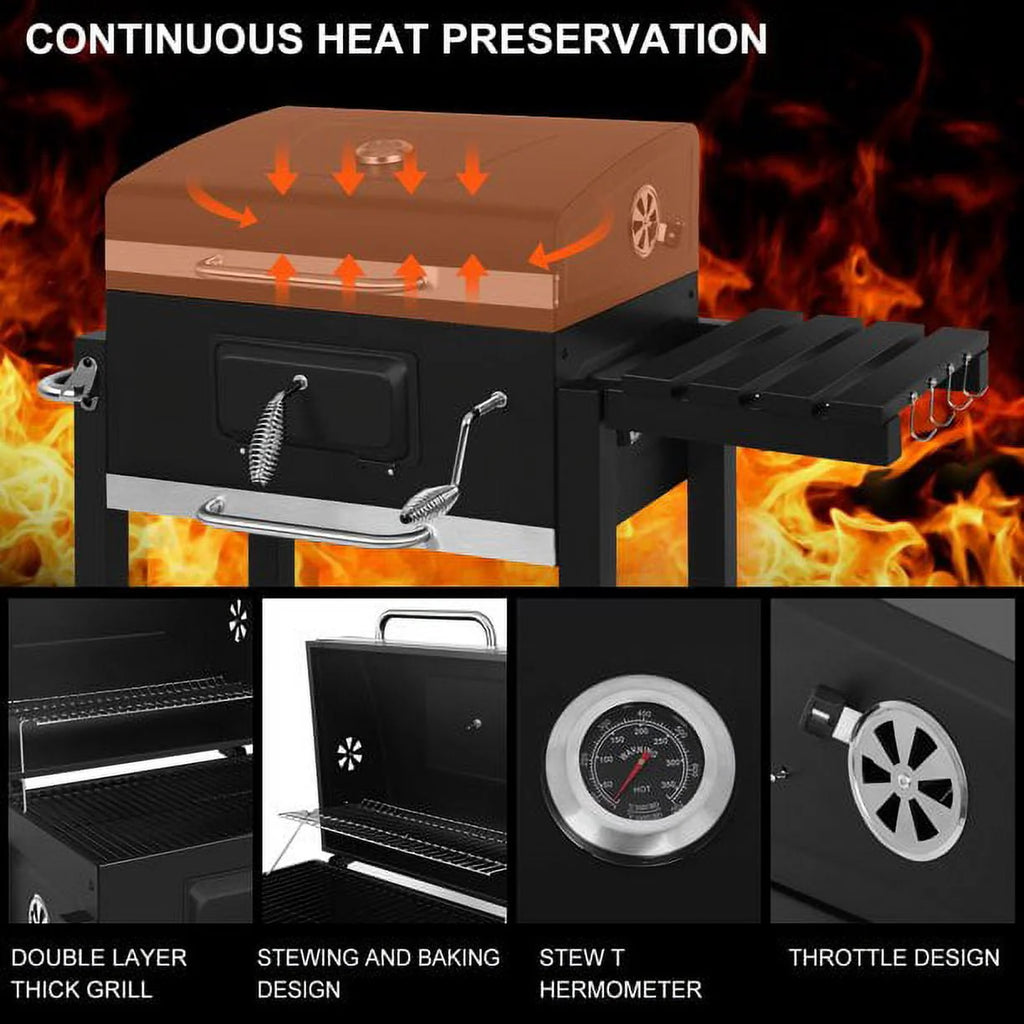 AEDILYS 25 inch Charcoal Grill Outdoor Smoker with Side Tables, for BBQ