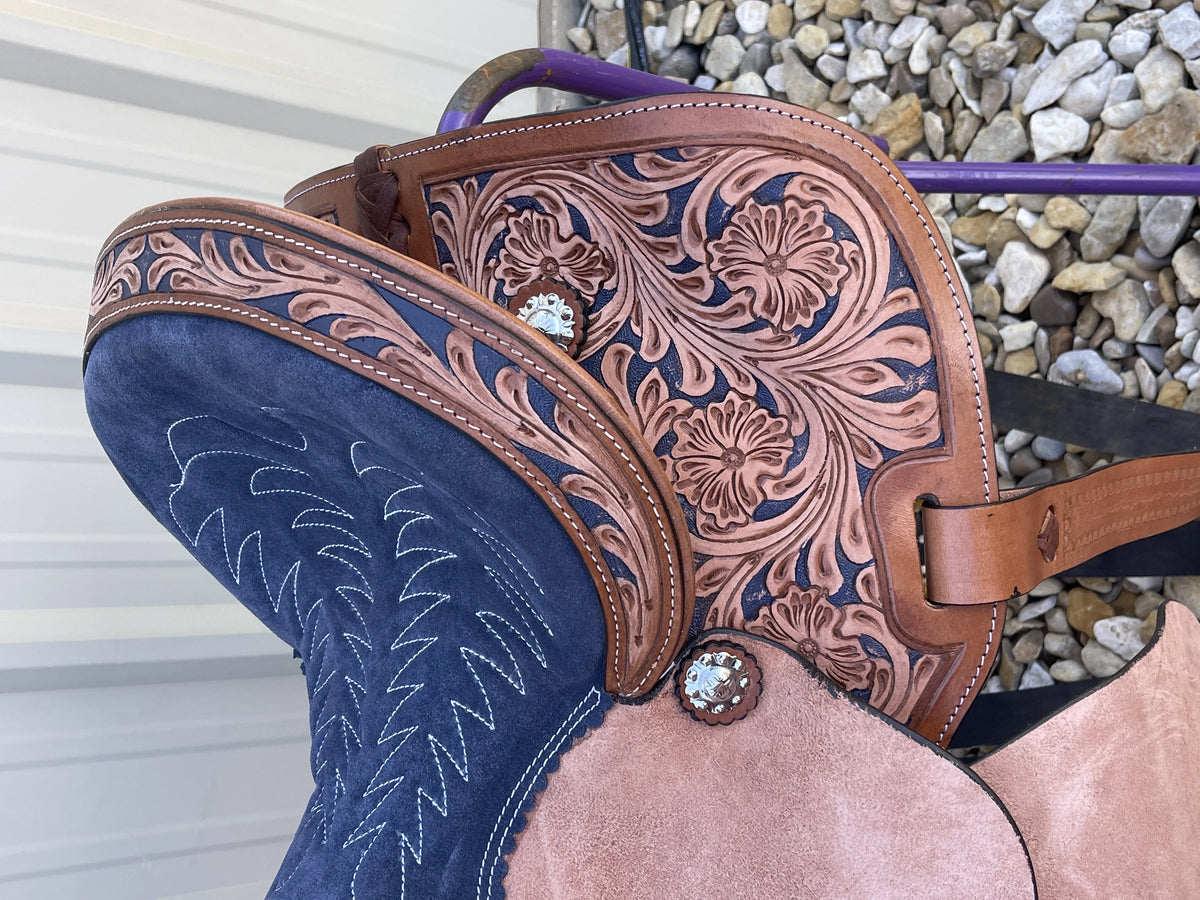 Resistance Adult Western Horse Barrel Saddle For Horse Riding | Floral Tooled With Silver Conchos | Genuine Leather 14" 15" 16" With Free Tack Set