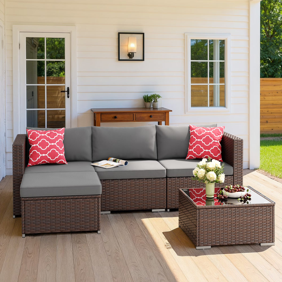 Aiho 7-Piece Rattan Patio Furniture Set , Outdoor Sectional Furniture Set for Patio, Garden, Backyard, Grey