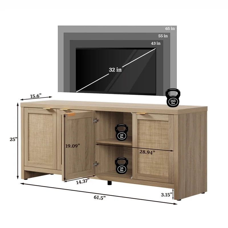 SICOTAS 61.5"W Rattan TV Stand with 4 Doors, Boho Entertainment Center with Adjustable Shelves & Spacious Countertop Large Boho Farmhouse Media Console for Living Room, Reclaimed Caramel Oak