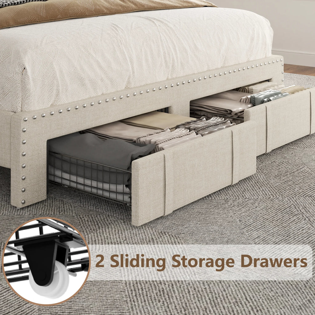 Lijimei Queen Bed Frame With Headboard And Storage, Platform Bed Frame Full Size With 2 Drawers, Upholstered Full Size Bed Frame With Storage, Built-in Charging Station, Beige