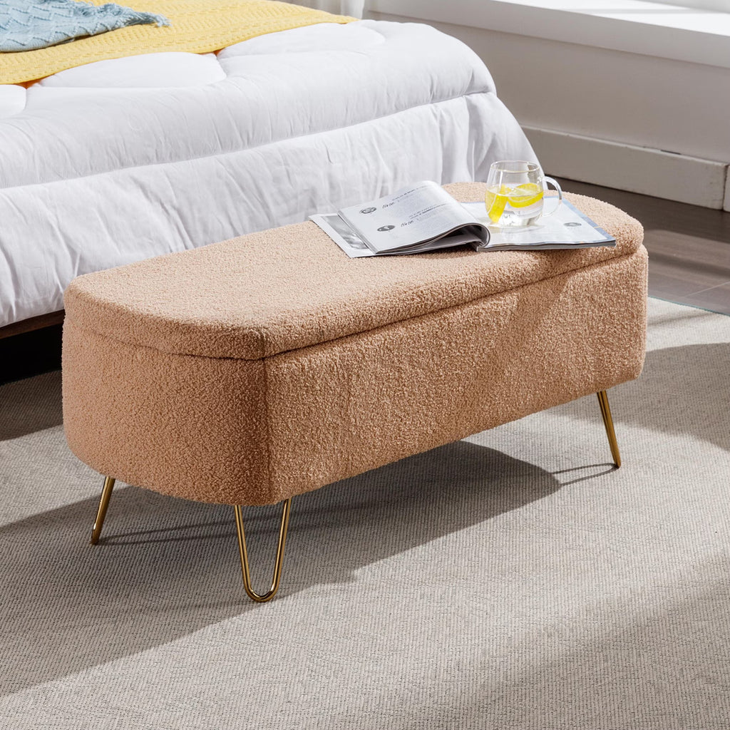 Syngar Entryway Bench with Storage for Bedroom, Living Room, and End of Bed, Faux Fur Ottoman Foot Rest with Storage,Upholstered Bench with Storage with Metal Leg,Ivory