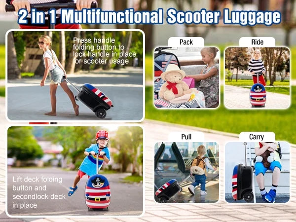 Kids Luggage Scooter, 3-Level Height Adjustable, Pirate Theme  Foldable Carry-On Suitcase, Lightweight Ride-On Scooter