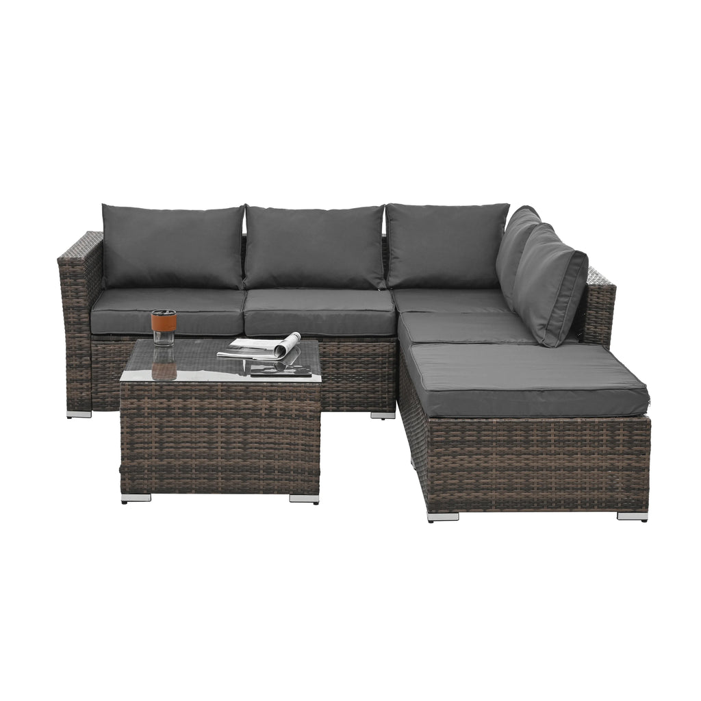 6 Pieces Wicker Patio Furniture Set Outdoor Conversation Set, All Weather PE Rattan Sectional Sofa Couch with Storage Table and Cushions, Beige