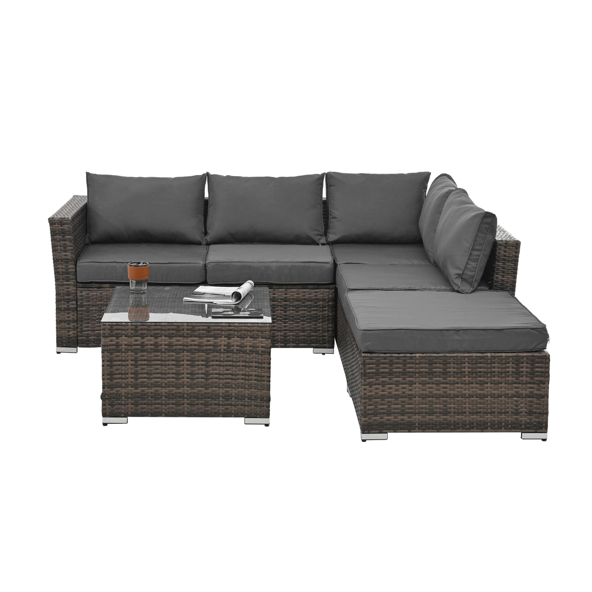 6 Pieces Wicker Patio Furniture Set Outdoor Conversation Set, All Weather PE Rattan Sectional Sofa Couch with Storage Table and Cushions, Beige