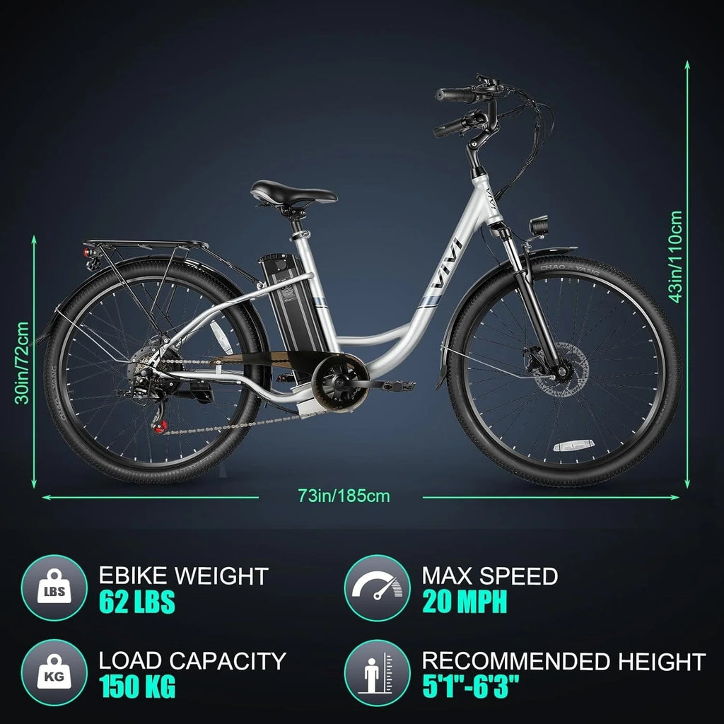 Vivi Electric Bike for Adults 26" Electric Cruiser Bike 500W Step-Through Electric Bike 20MPH & 50Miles City Commuter Electric Bike with Cruise Control