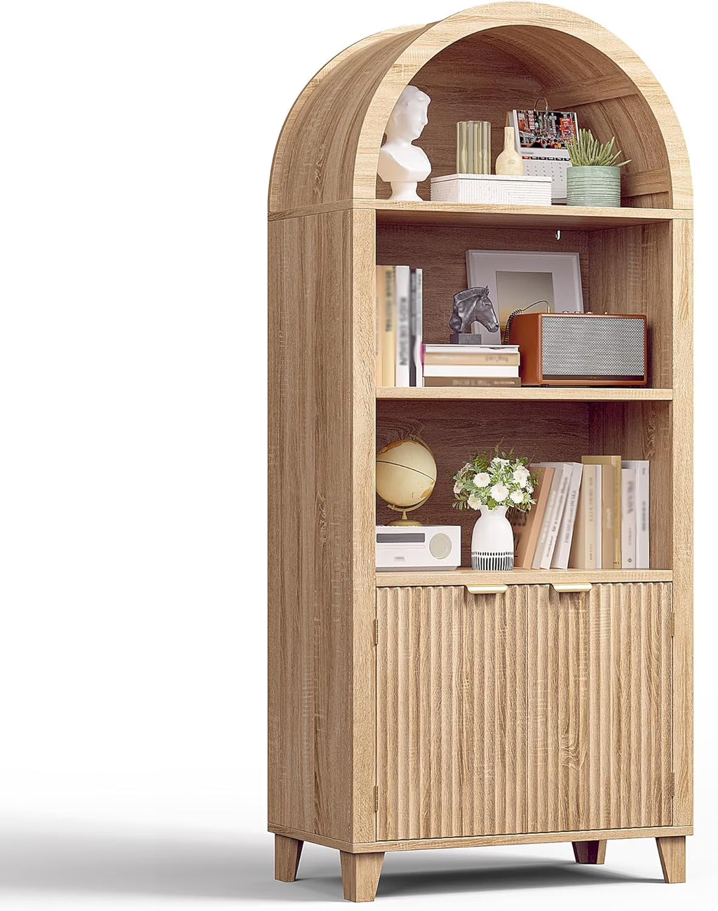 Bookshelf Arched Cabinet,5-Tier Arched Bookcase with Doors and Adjustable Shelves,Wooden Storage Cabinet with Open Display Shelf for Office,Living Room Light Oak