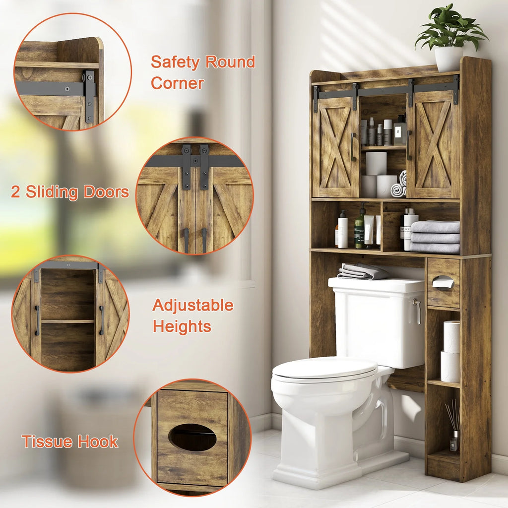 Over The Toilet Storage Cabinet, Farmhouse Storage Cabinet Over Toilet with Sliding Doors Home Space-Saving Toilet Rack, for Bathroom, Restroom, Laundry